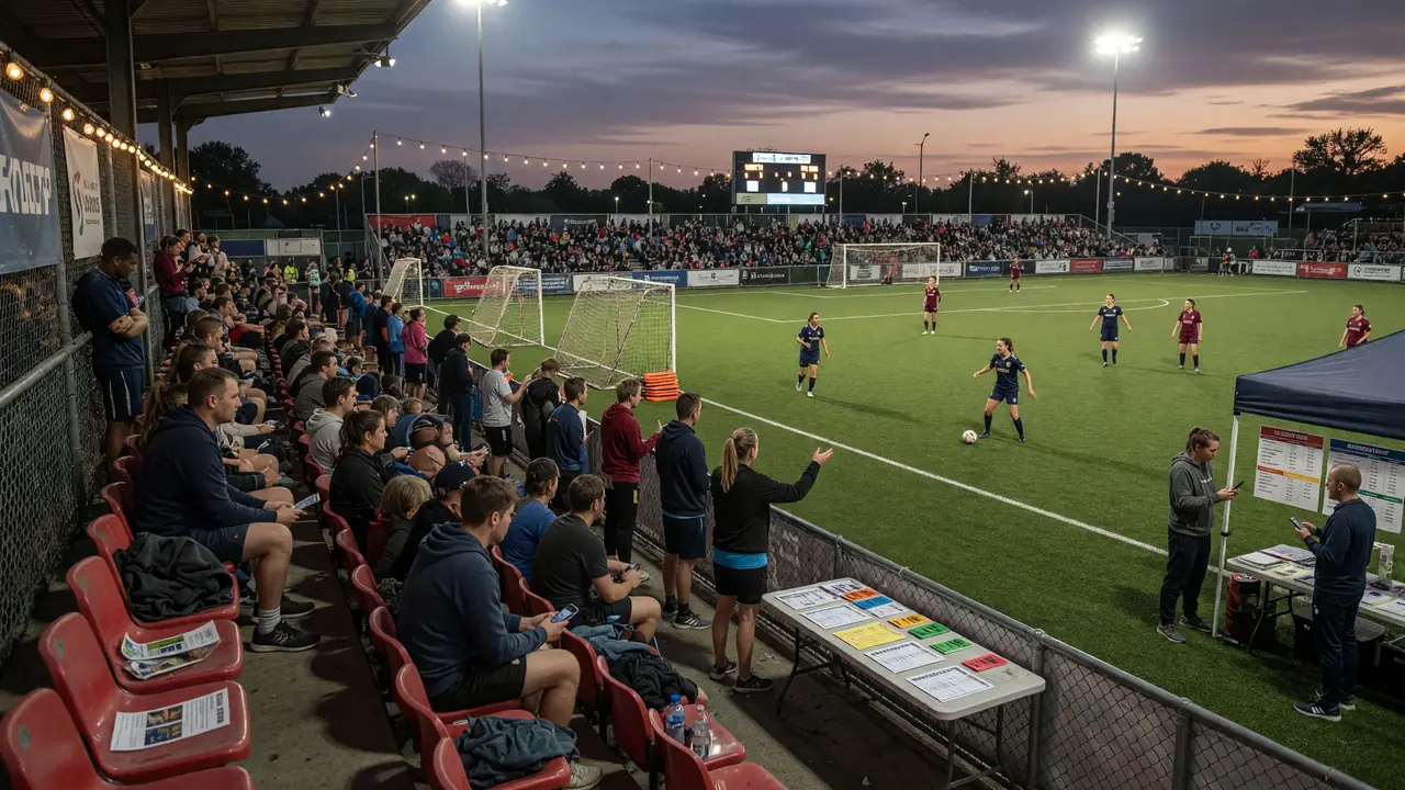 Wide evening view of a floodlit multi-sport complex with two active pitches, a small crowd along the touchline and warm stadium lighting