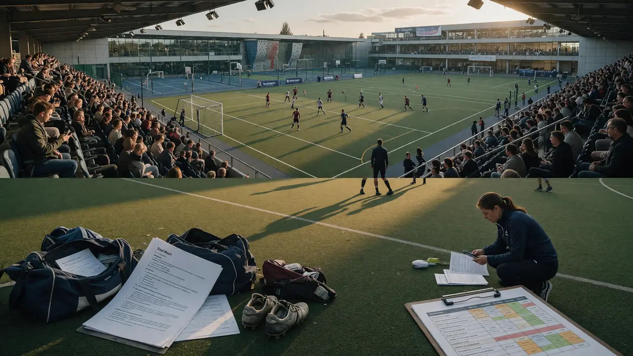 Wide floodlit multi-sport ground with players on two pitches and spectators along the sidelines under warm evening lights