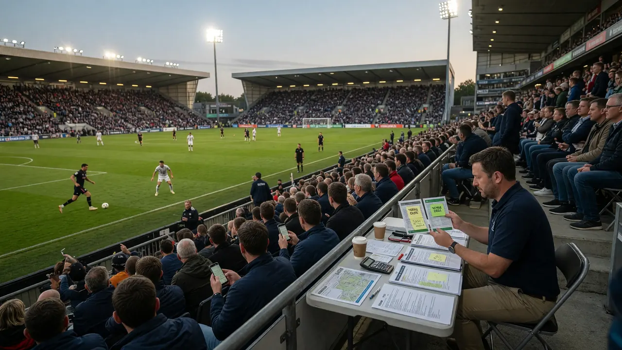 Wide evening view of a multi-sport venue with players on the field and spectators along the sidelines under floodlights
