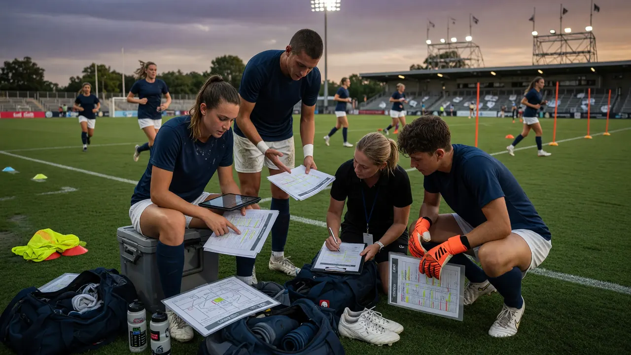 Medium shot of players spaced across a lit practice turf with cones and a coach directing the group