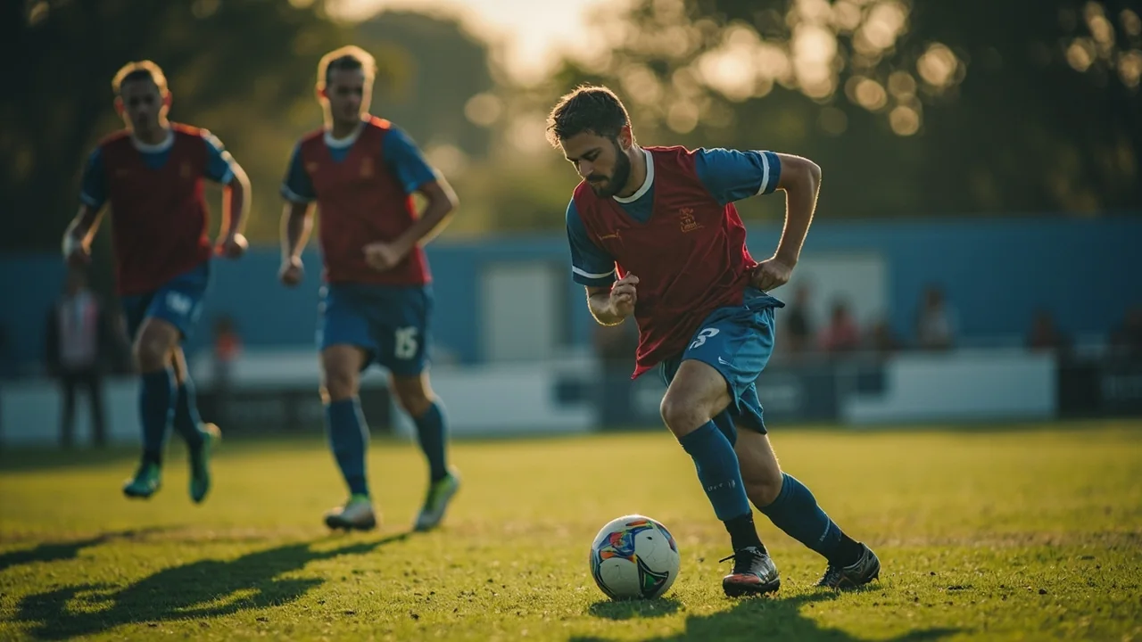 Medium view of two floodlit training pitches side by side with players spread across formations and a coach walking the touchline with a clipboard