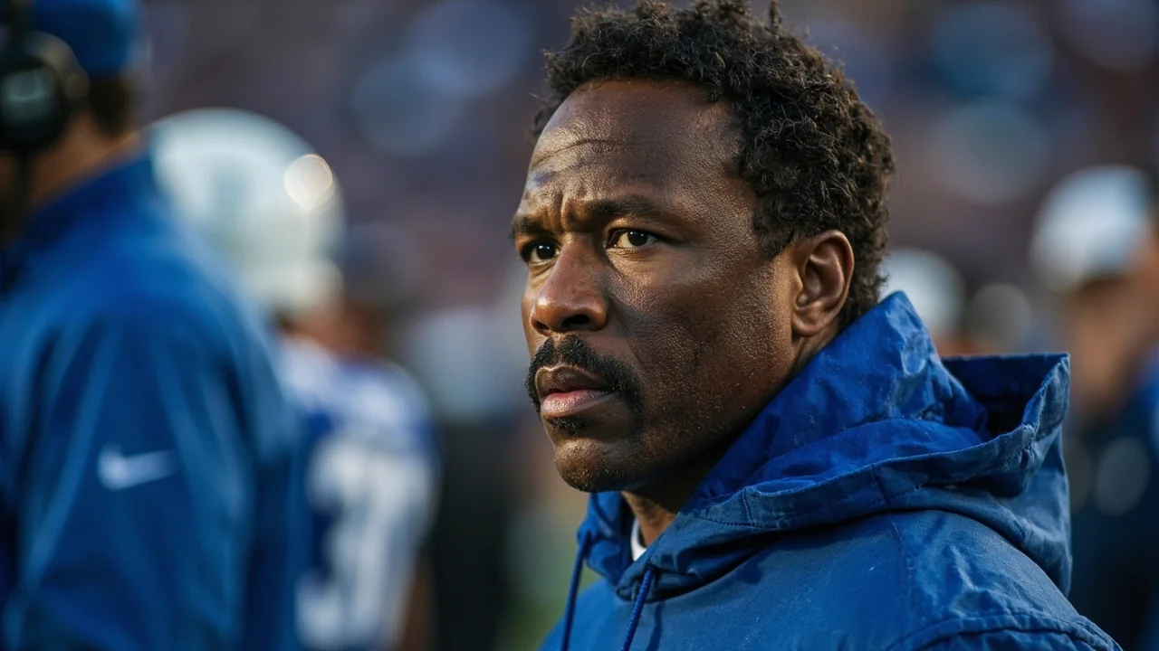 Sideline view of a football player in training-camp kit on the field with coaching staff visible in the background