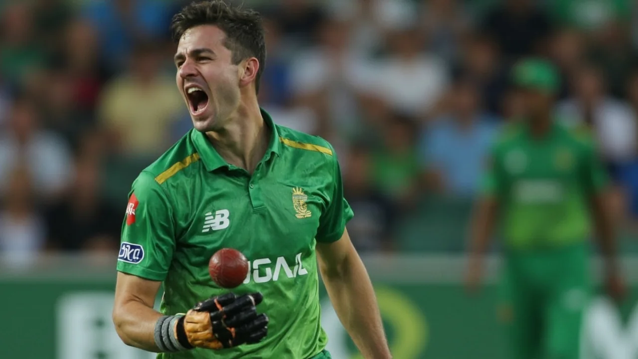 Close sideline view of a top-order batter in coloured ODI kit playing a controlled drive through the covers with the ball visible mid-flight and shallow depth of field