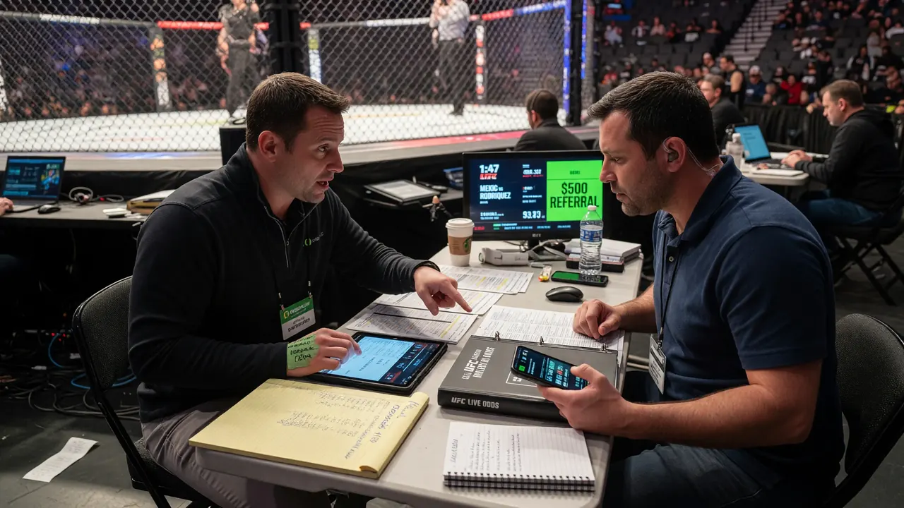Medium shot of a combat-sports cage corner with coaches, stools and water bottles prepared between rounds