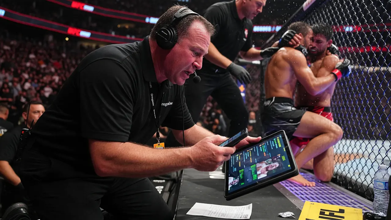 Close action frame of two mixed-martial-arts fighters clinching near the cage fence under arena lights