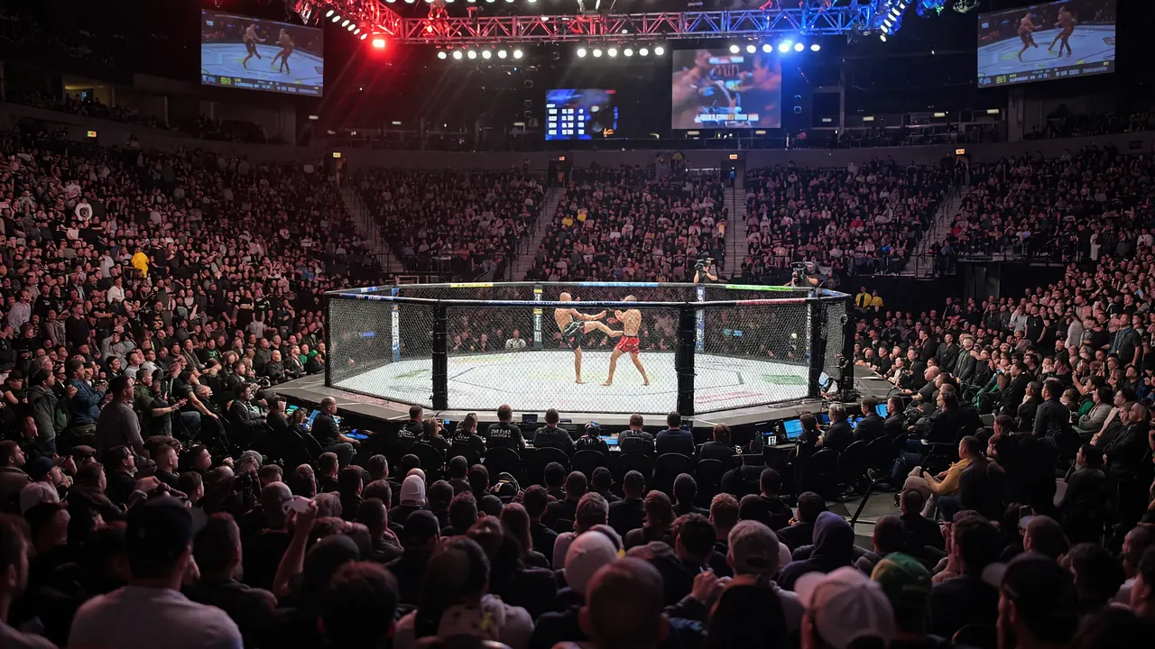 Wide night-time view of a packed indoor combat-sports arena with a brightly lit central cage and layered crowd seating