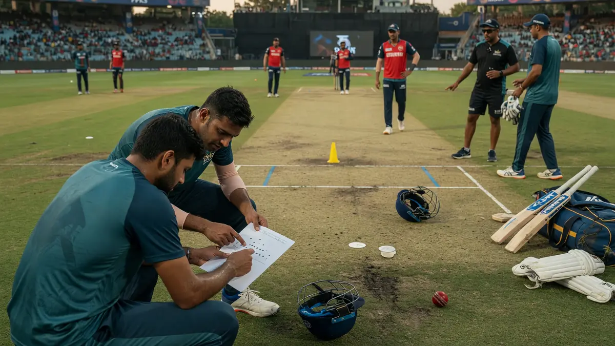 Medium view of fielders setting positions on a sunlit outfield with stumps and players in match kits