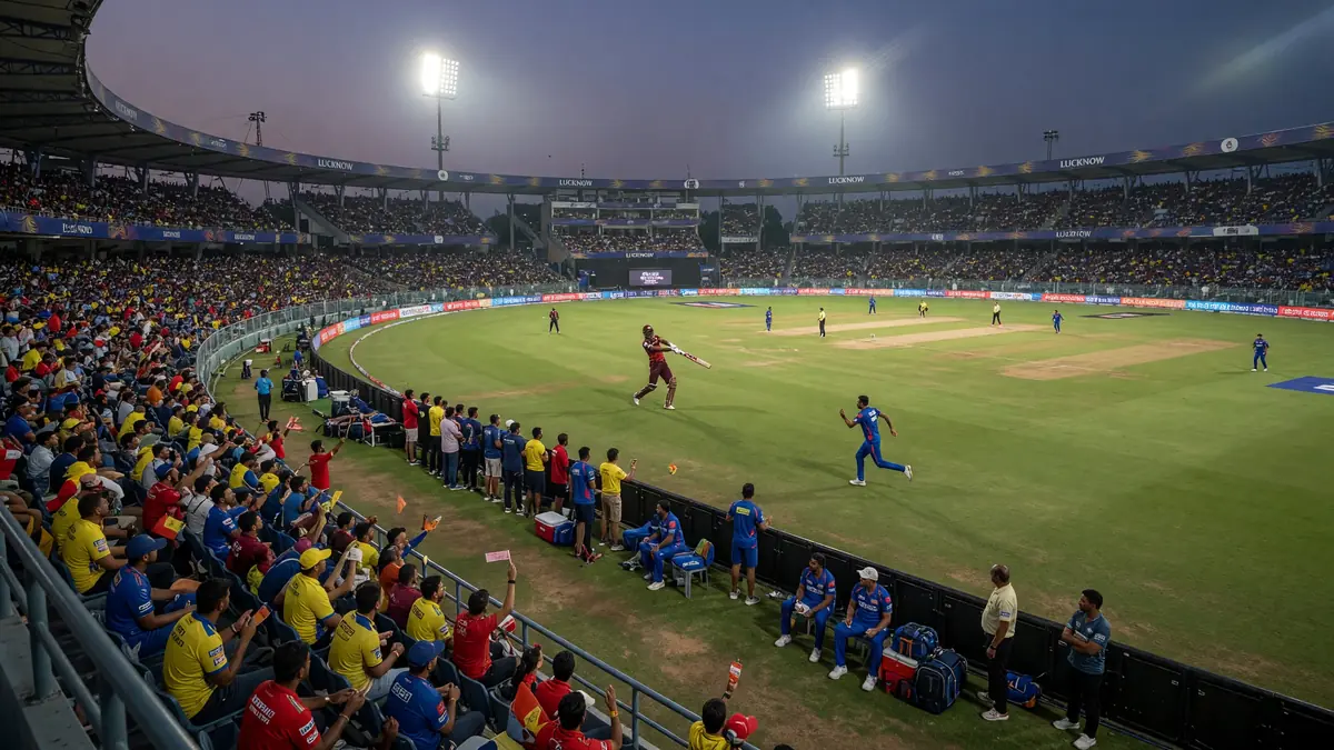 Wide evening view of a floodlit cricket stadium with a green outfield, empty square and layered stands under cloudy sky