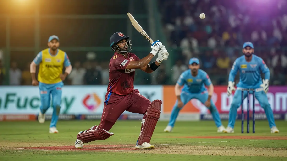 Close sideline action of a batter in coloured kit swinging through a delivery with shallow depth of field