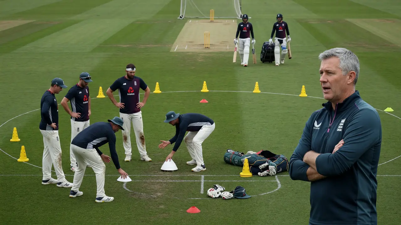 Medium tactical view of a Test match field with fielders set on a green pitch and a bowler walking back to his mark