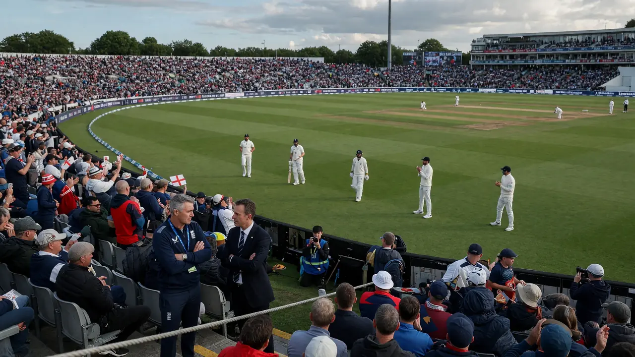 Wide establishing view of a packed international cricket ground with a green outfield, white-clad fielders and layered stands under soft daylight