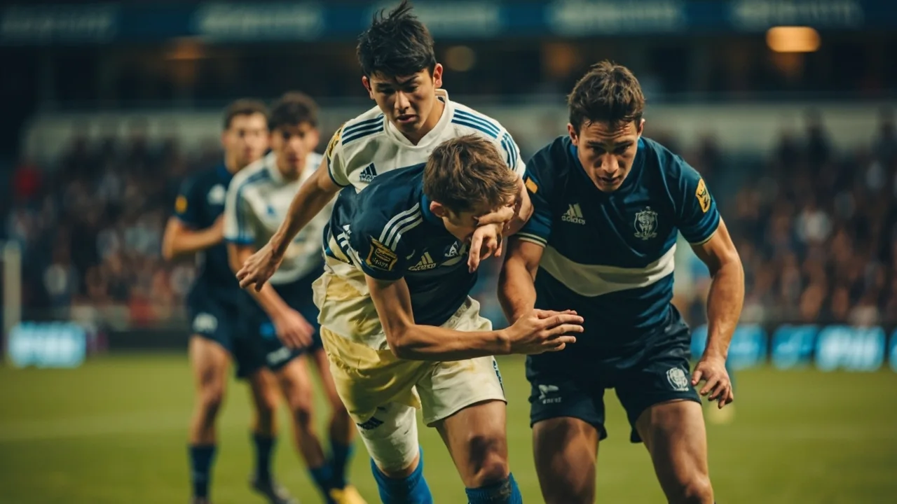 Tight sideline view of a young player working through a coached drill block under evening floodlights with the coach standing within arm's reach and another staff member observing from the touchline