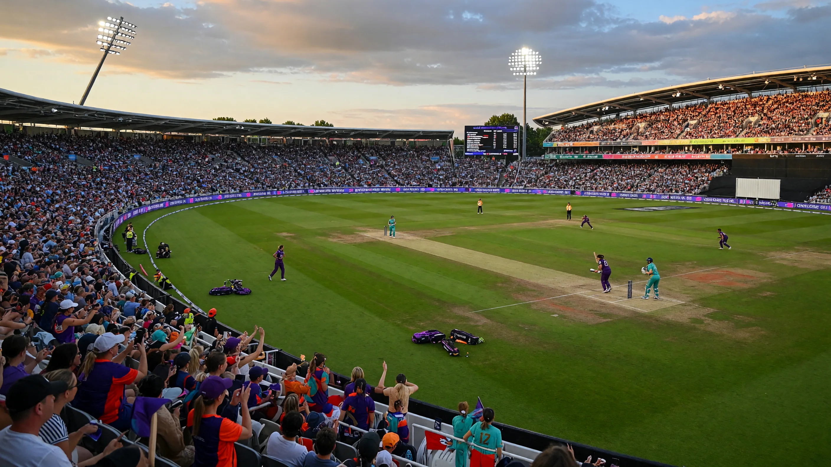 Wide evening view of a packed cricket ground with green outfield and layered stands under natural stadium light